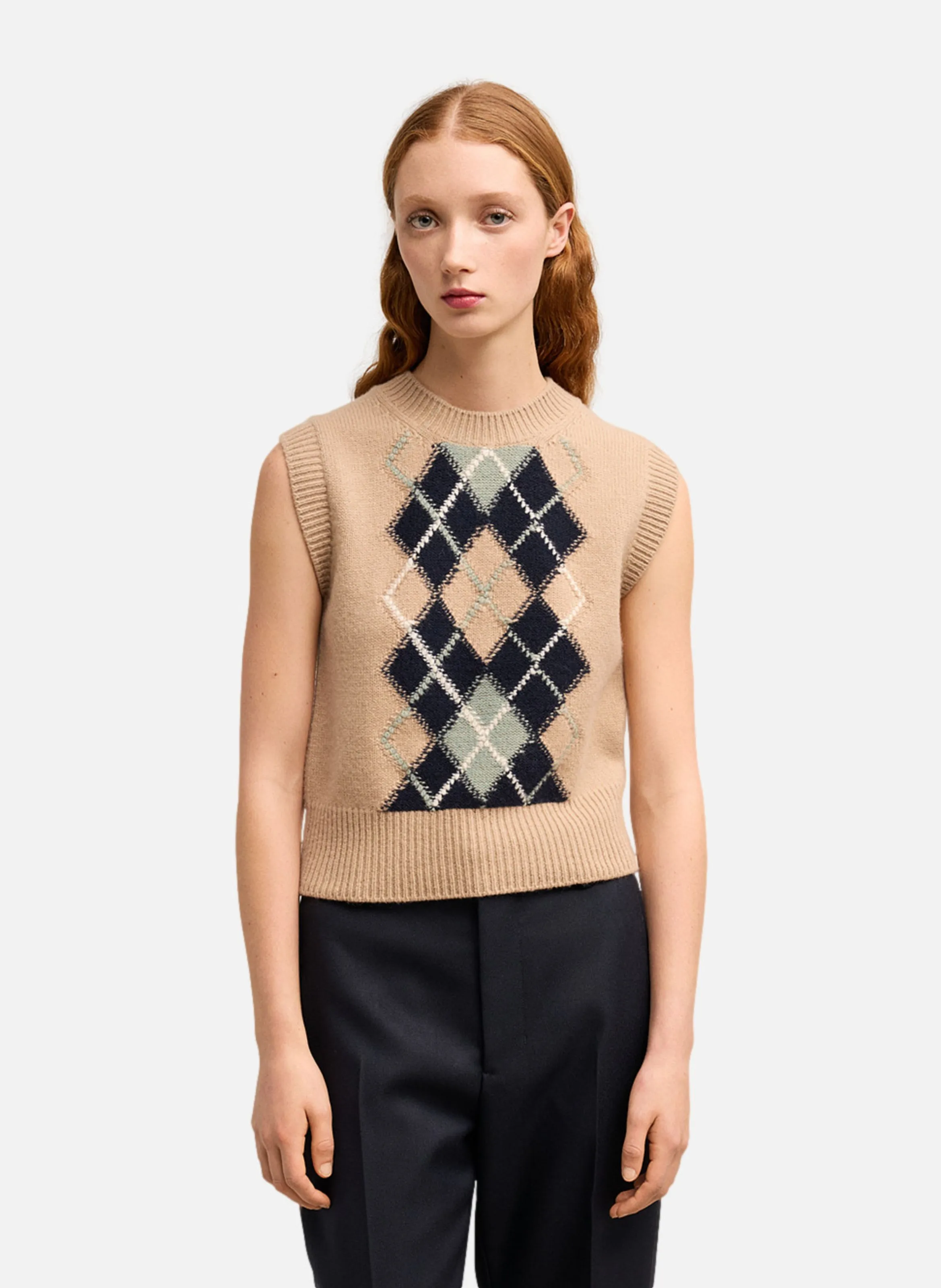 AMI PARIS  Pull sans manches argyle - Beige