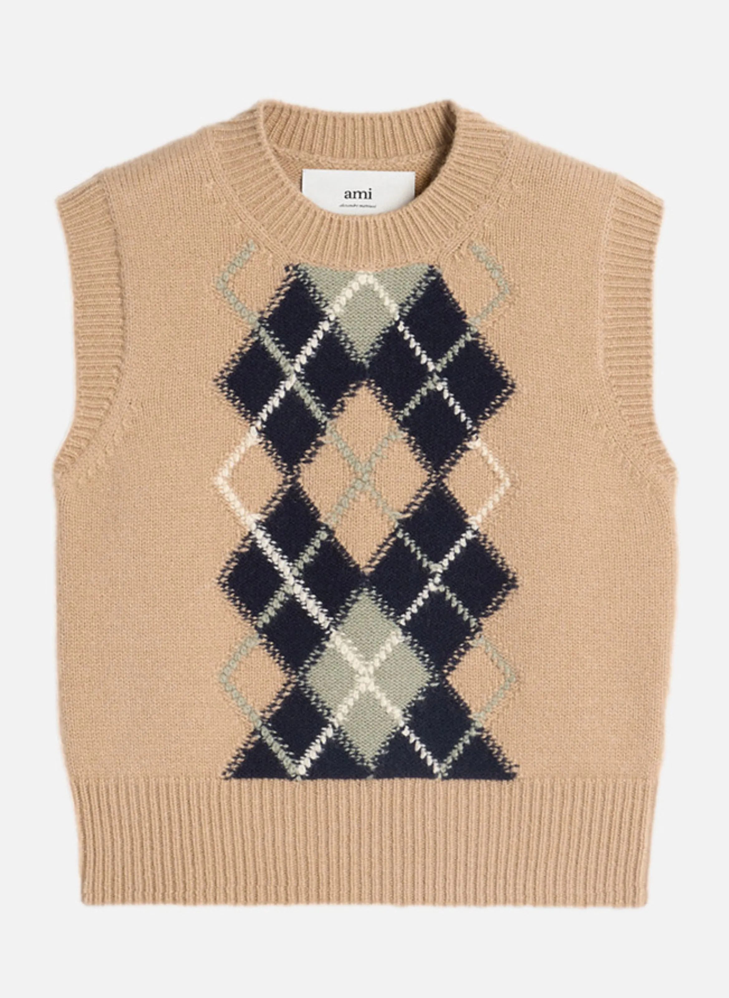 AMI PARIS  Pull sans manches argyle - Beige