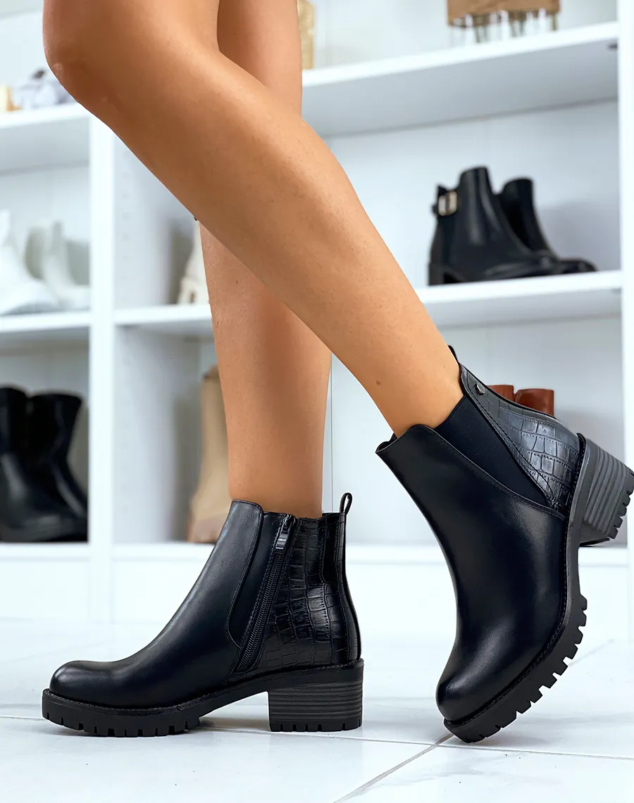 Bottines noires bi-matières effet croco et élastique échancré