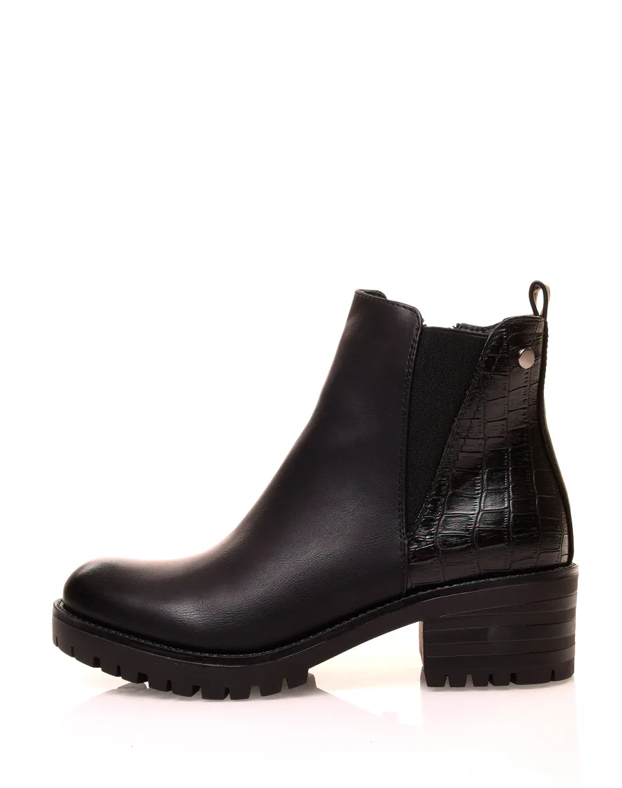 Bottines noires bi-matières effet croco et élastique échancré