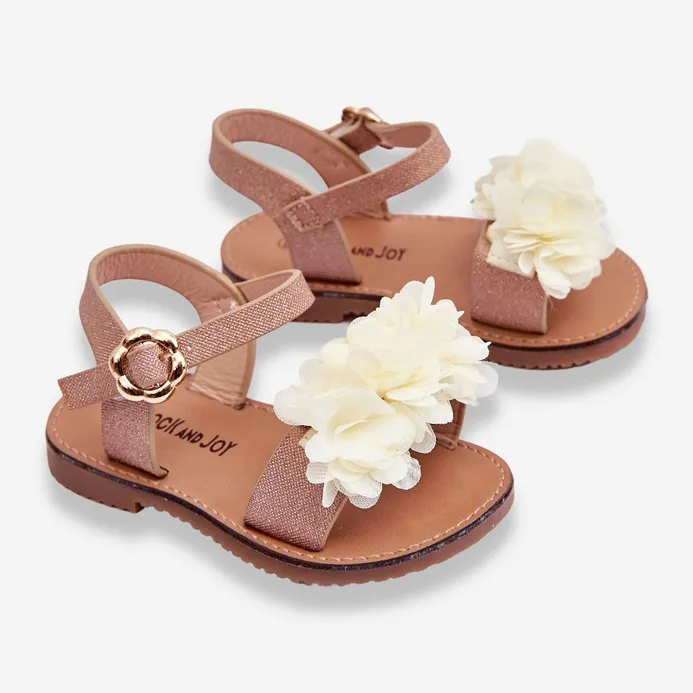 FR1 Sandales pour enfants à la mode avec des fleurs en poly beige-doré