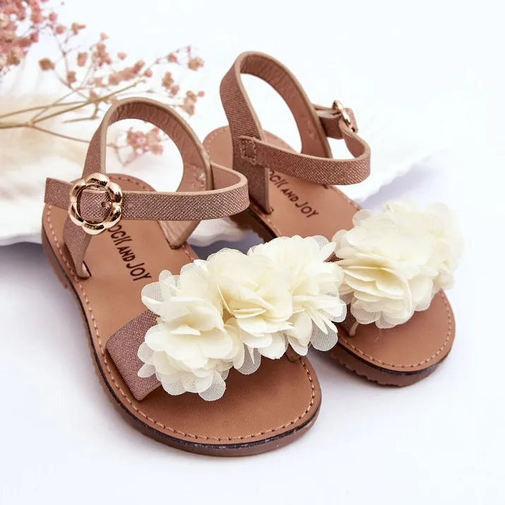 FR1 Sandales pour enfants à la mode avec des fleurs en poly beige-doré