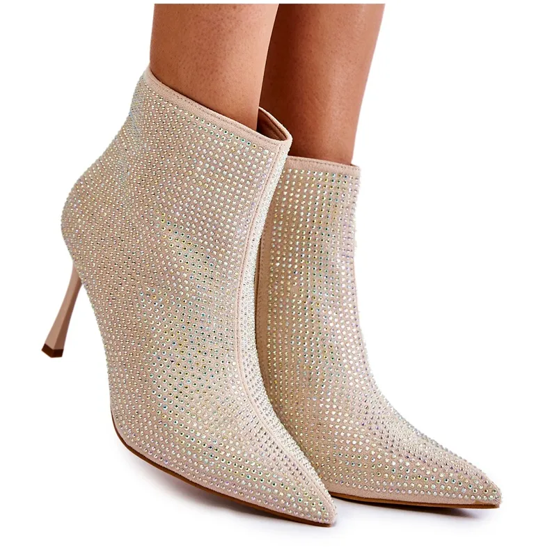 PS1 Bottines Femme À Talon Haut Avec Strass Beige Irma