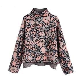 Pull Vintage Col Haut à Fleurs