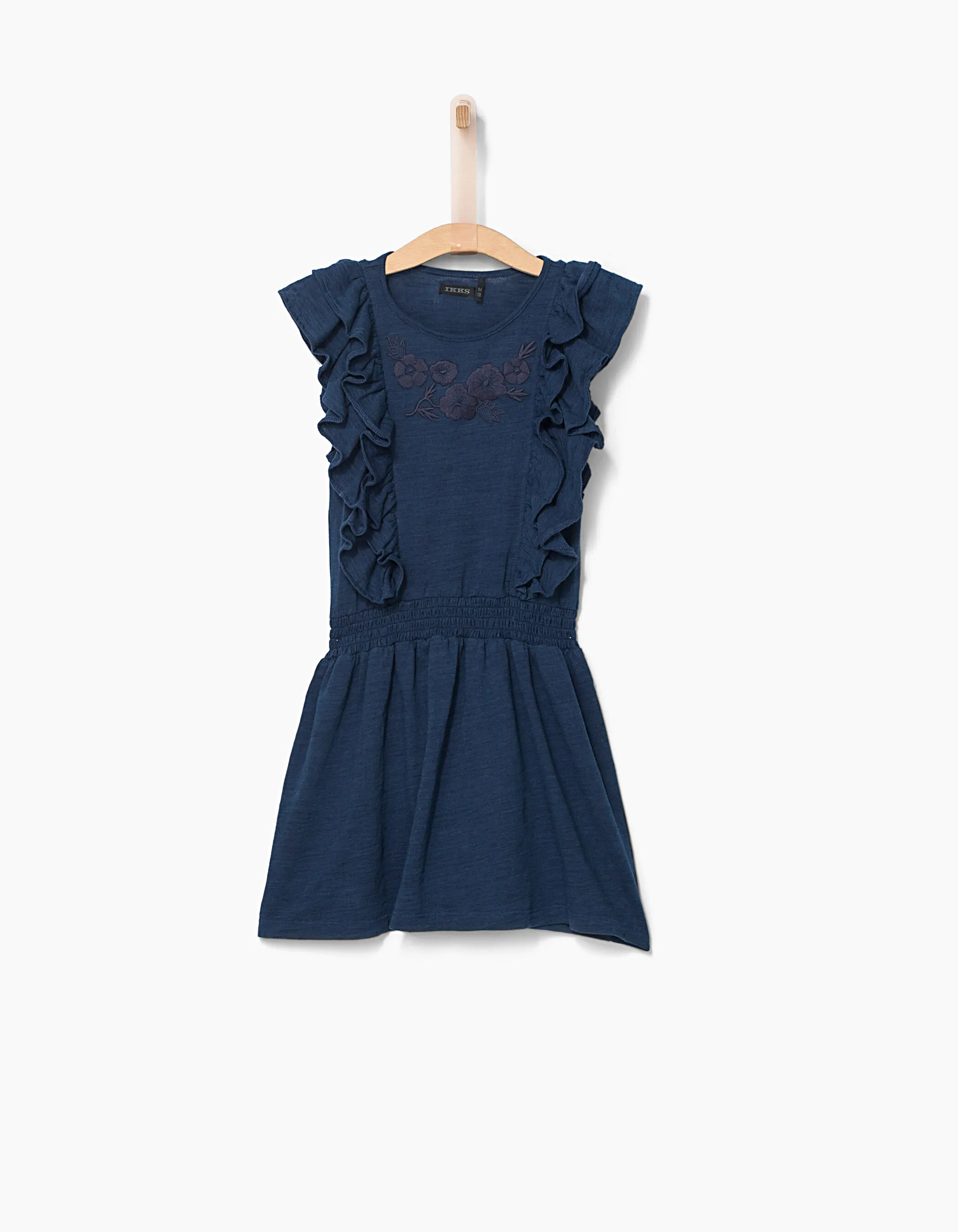 Robe indigo brodée fleurs à smocks fille