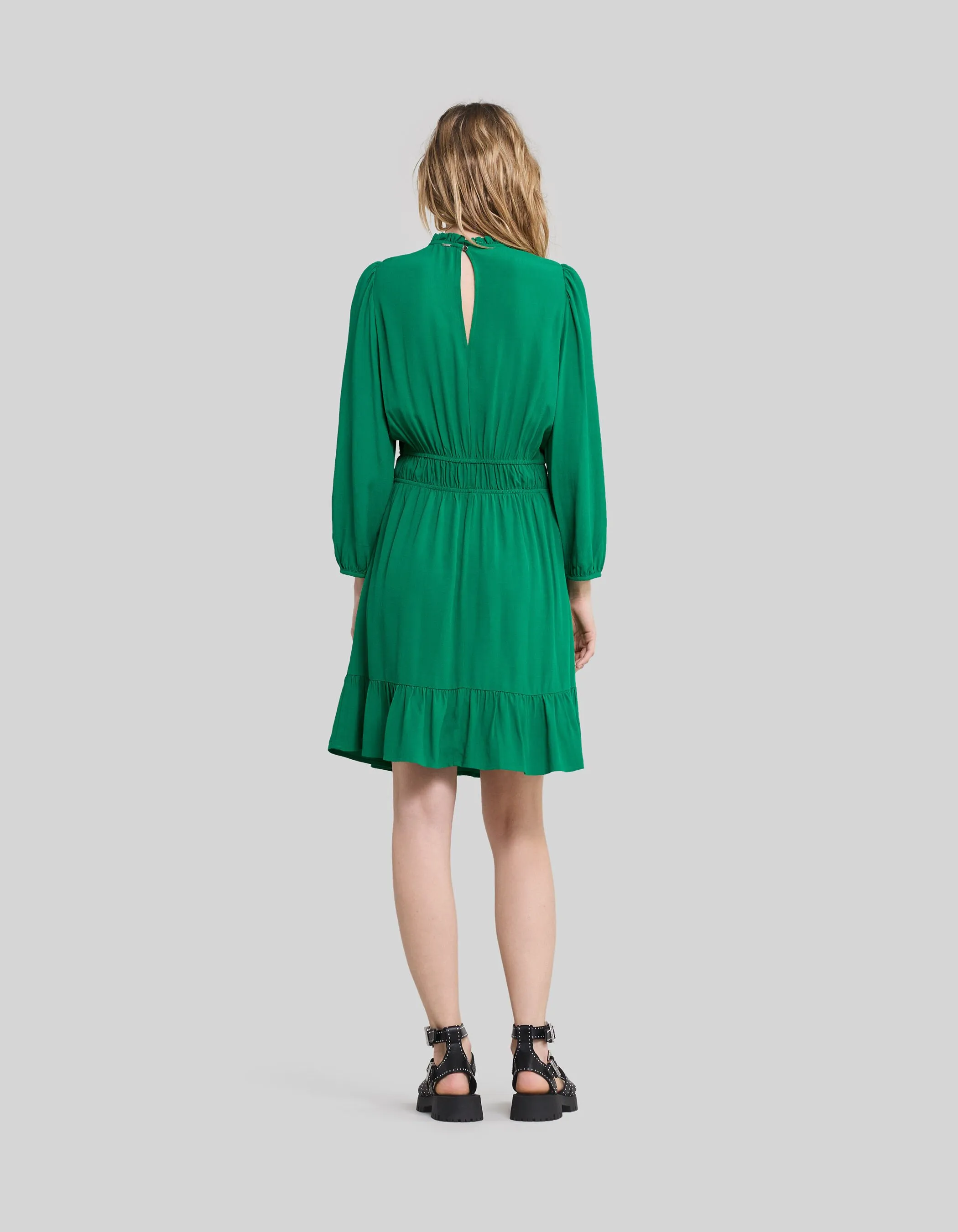 Robe verte upcyclée col collerette Femme