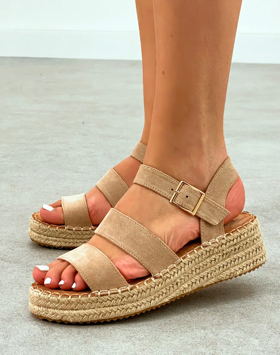 Sandales Femme en Suédine Beige à Talon Compensé et Détails en Corde