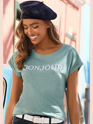 T-shirt imprimé «bonjour » tendance devant